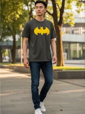 Men's Dark Gray Short Sleeve Tee with Yellow Batman Emblem